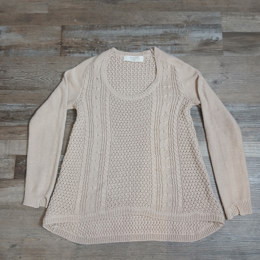 Zara Knit Sweater Womens M Beige Cable Pointelle Scoop Neck High Low‎ Pullover